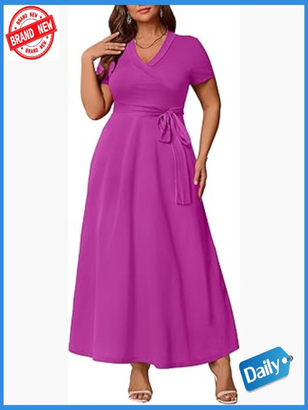 Plus Size Maxi Dress Short Sleeve V-Neck with Belt Elastic Waist